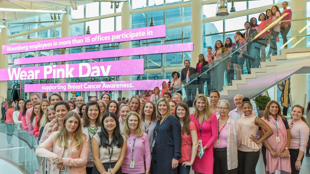 In honor of Breast Cancer Awareness Day, employees at Bloomberg Global Headquarters in New York showed their support by wearing pink on Oct 21, 2016. 
