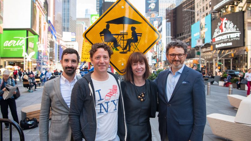 (L-R) Nick Mosquera, Seth Solomonow, Janette Sadik-Khan and Andy Wiley-Schwartz; the Bloomberg Associates Transportation Team at the 10th Anniversary of the creation of the Times Square Plaza in June, 2019.