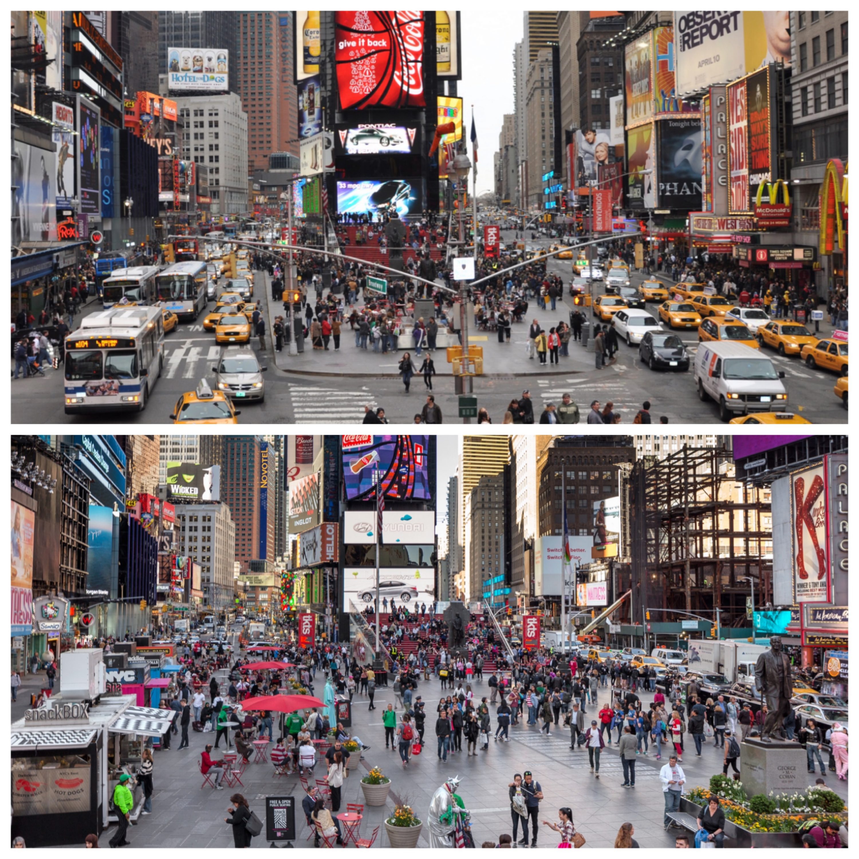 Broadway in Times Square before the redesign (2006) and after (2018).
