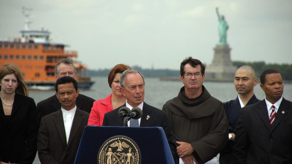 Photo of Mike defending a private developer's plan to build a mosque near the World Trade Center.
