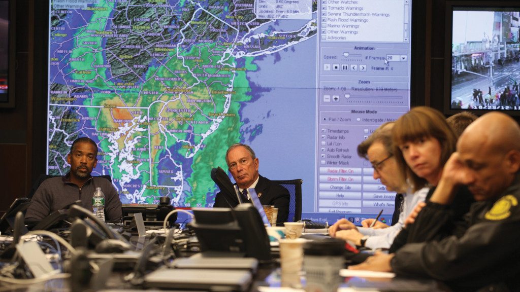 Photo of a senior staff meeting at New York City's Office of Emergency Management as Hurricane Sandy approaches.