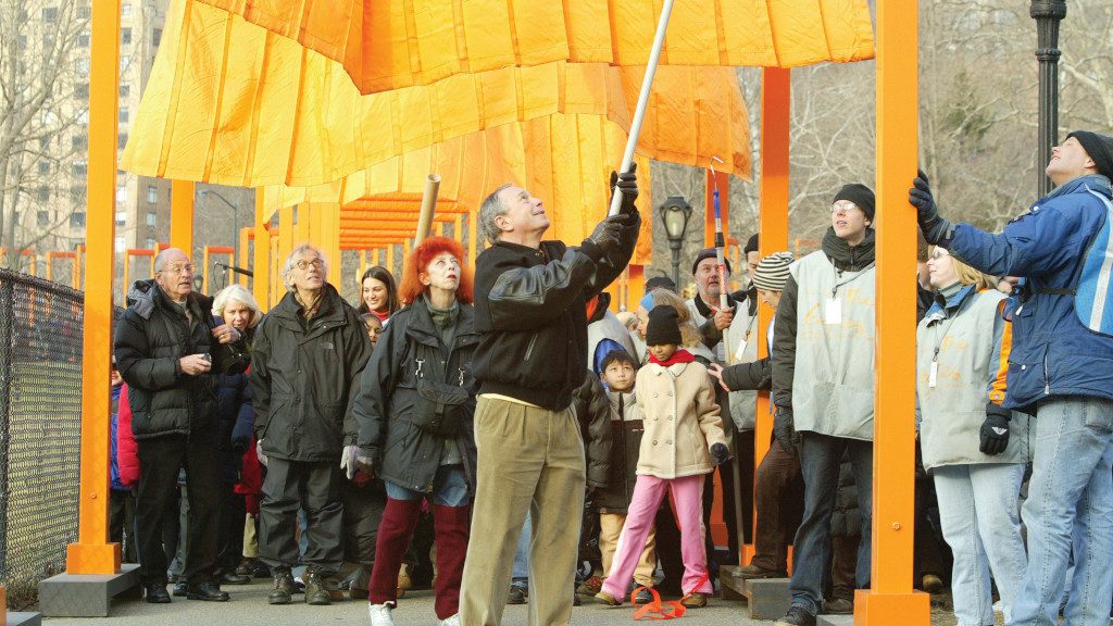 Photo of Mike Bloomberg at The Gates public art exhibit in Central Park.