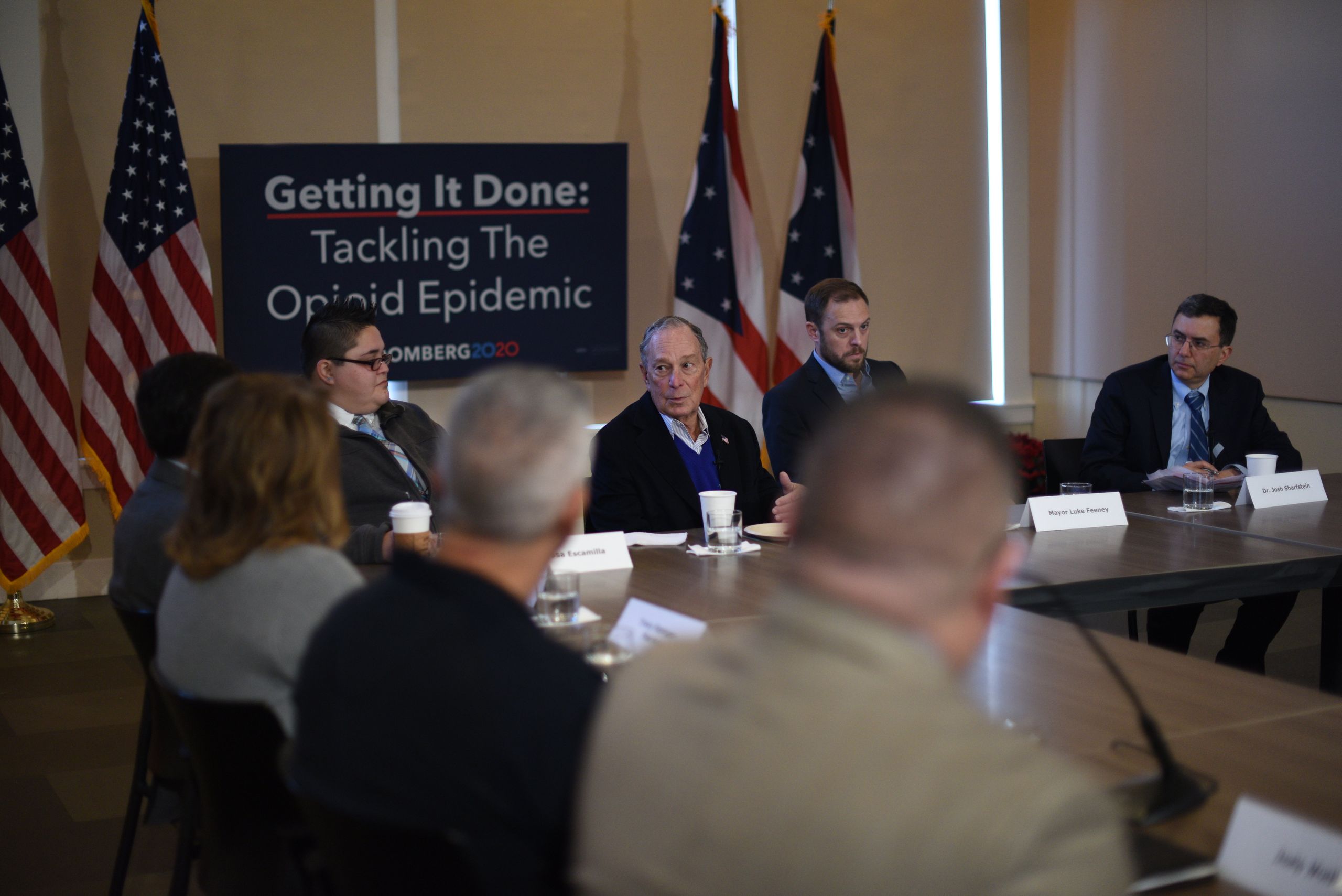 Mike Bloomberg meets with Mayor Luke Feeney and attends a roundtable to hear from community members about the effects of the opioid epidemic. Chillicothe, Ohio on December 20, 2019.